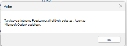 Näyttökuva virhesanomasta, Tarvittavaa tiedostoa ei PageLayout.dll löydy
