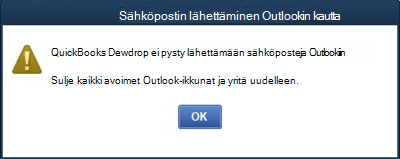 Quickbooks Desktopissa sähköpostin lähettäminen ei onnistu Outlookissa -virhe