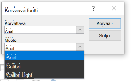 Kuva PowerPointin Korvaa fontti -valintaikkunasta. Näyttää avattavan Korvaa-luettelon laajennettuna.
