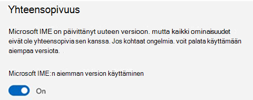 Näyttökuva Microsoft kirjoitustuen yhteensopivuusosiosta