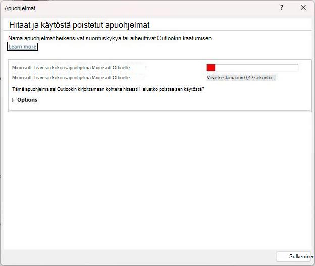 Näyttökuva Hitaat ja käytöstä poistetut apuohjelmat -valintaikkunasta