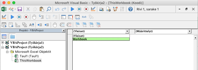 VBE-editori, jossa näkyy avattava objektinvalintaluettelo