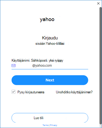 Yahoo Outlookin määritysnäyttö yksi