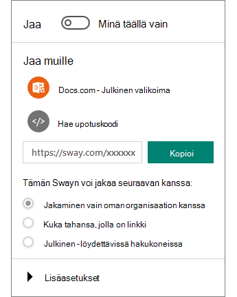 Näyttökuva Swayn Jaa-valintaikkunasta.