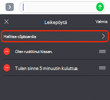 Näyttökuva Leikepöydän hallinnasta.