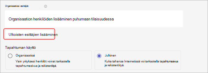 Näyttökuva, joka näyttää, kuinka verkkoseminaariin voi lisätä ulkoisia esittäjiä