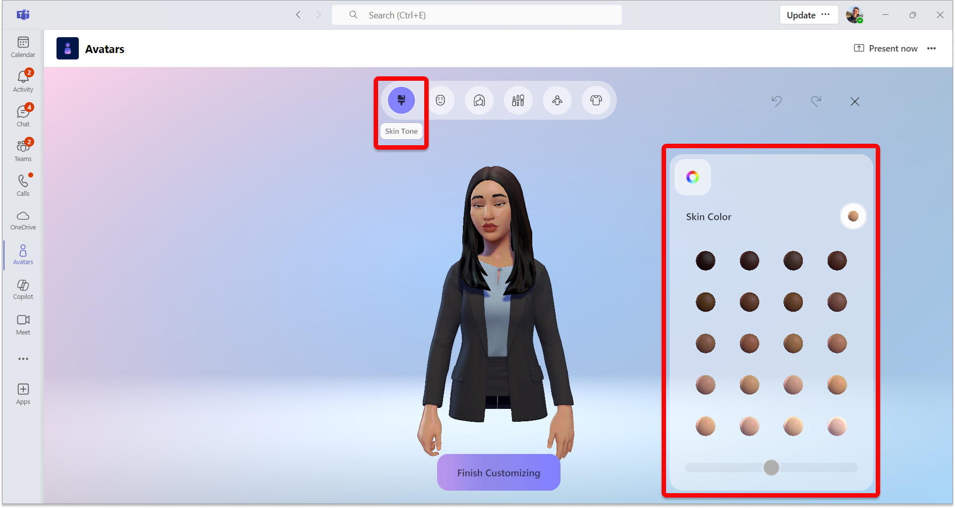 Näyttökuva avatars-sovelluksesta, jossa ihonväriluokka on valittu ja ihonsävyn säätöikkuna korostettuna.