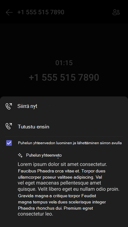 Tekoälyn luoma yhteenveto puhelua siirrettäessä