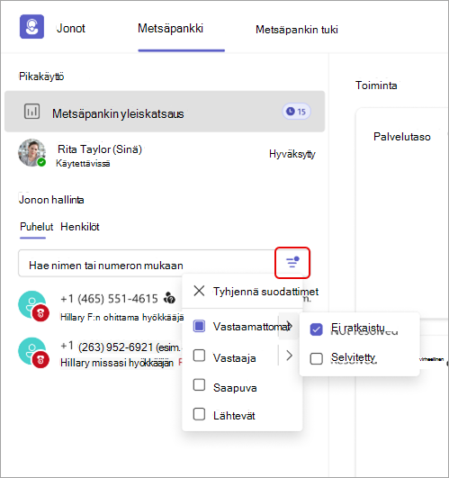 Näyttökuva puhelusuodattimen yksityiskohdista Jonot-sovelluksessa.