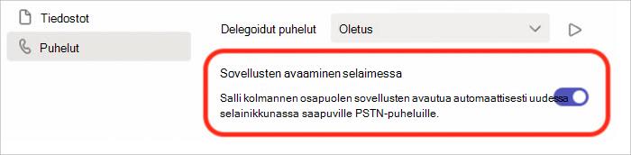 Näyttökuva asetuksista, joiden avulla voit ottaa puheluun vastaamisen käyttöön tai poistaa sen käytöstä selaimen ponnahdusikkunassa.