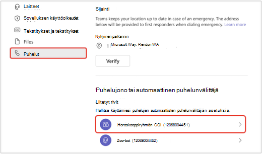 Asetukset-valikon Teams-näyttö