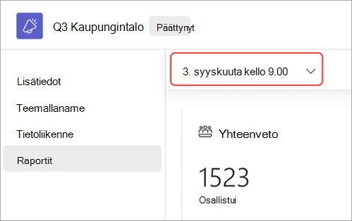 Näyttökuva, joka näyttää korostettuna käyttöliittymän osan, josta toisen päivämäärän avoimen kokoontumisen raportteja voi tarkastella