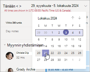 Muuta päivämääräaluetta Työryhmän vuorot -näkymässä.
