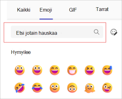 Näyttökuva, jossa näkyy avainsanahaku emojivalikossa.