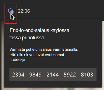 Hiiri vie hiiren osoittimen salauskilpikuvakkeen päälle. Numeroryhmällä varustettu viesti kertoo henkilölle, että hänen on vahvistettava, että numerot vastaavat puhelussa olevia numeroita, jotta hän voi varmistaa, että he ovat salatussa puhelussa.