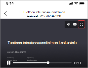 Napauta koko näytön kuvaketta, jos haluat näyttää kokoustallenteen koko näytöllä.