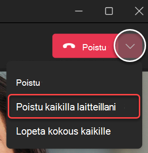Näyttökuva Poistu kokouksesta -avattavasta valikosta Teamsin työpöytäversiossa.
