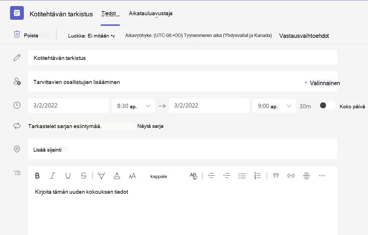 Näyttökuva Teamsin verkkoversiosta, jossa ei ole kokouksen tietoja