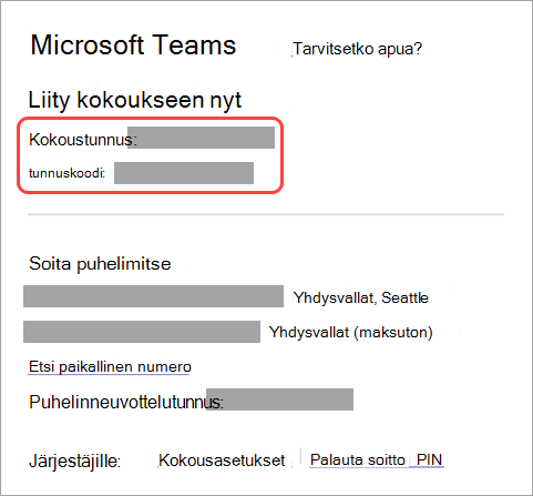 Näyttökuva kokouskutsun kokoustunnuksen ja tunnuskoodin löytämisestä.