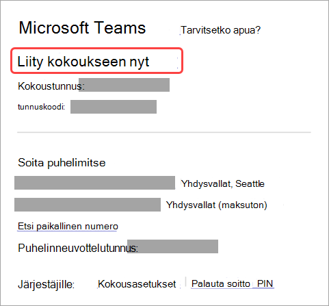 Näyttökuva, jossa näytetään, miten kokoukseen voi liittyä kutsusta.