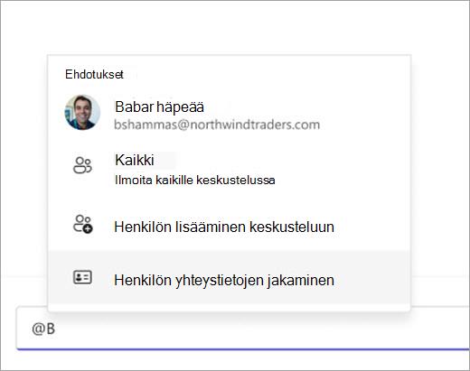 Näyttökuva, jossa näytetään, miten voit hakea yhteyshenkilön jaettavaksi @mention avulla.