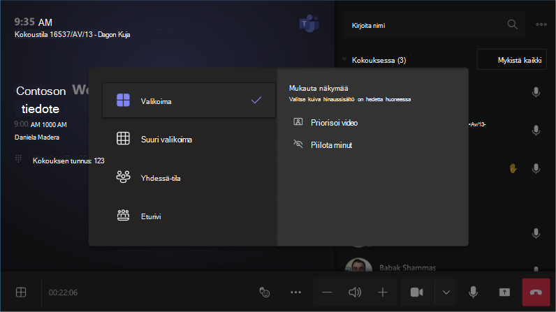 Mukauta huonenäkymää Priorisoi video tai Piilota minut välillä
