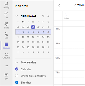 Näyttökuva, jossa näkyy useita Kalentereita valittuna Teams-kalenterissa.