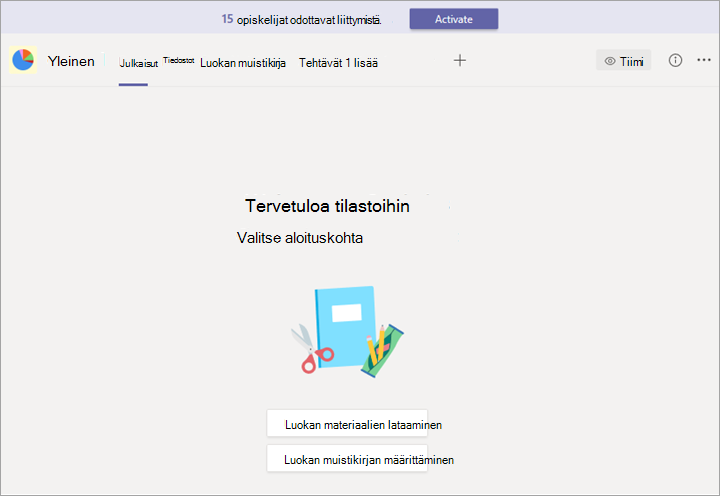 Tiimi, jossa on banneri ja aktivoi-painike.