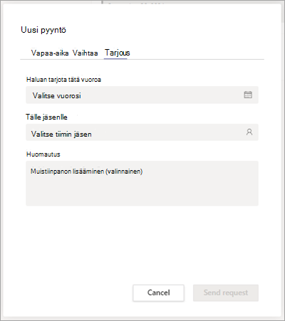 Työvuoron tarjoaminen työtoverille Vuorot-sovelluksessa.