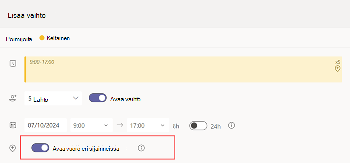Näyttökuva, jossa näkyy avoimen vuoron Avaa vuoro eri sijainneissa -vaihtopainike.
