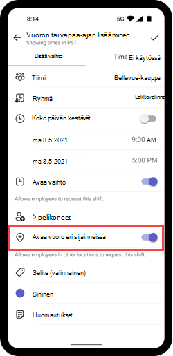 Näyttökuva, jossa näkyy Avaa vuoro eri sijainneissa -vaihtopainike mobiililaitteessa.