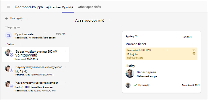 Näyttökuva esimiehen hyväksymästä avoimesta työvuoropyynnöstä.