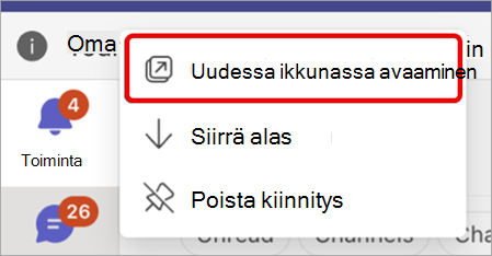 Näyttökuva Teams-sovelluksen ponnahdusikkunasta uuteen ikkunaan.