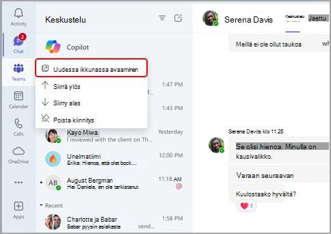 Näyttökuva, jossa näytetään, miten Teamsin perussovellukset avataan uusissa ikkunoissa.