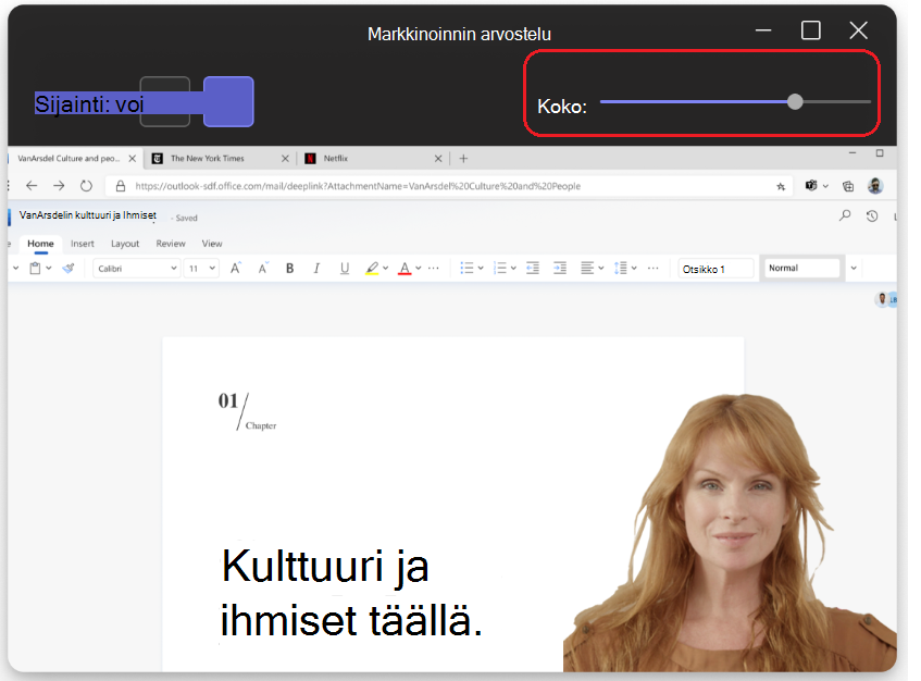 Kuva, jossa näkyy koon liukusäädin sivun yläreunassa esittäjätilassa.