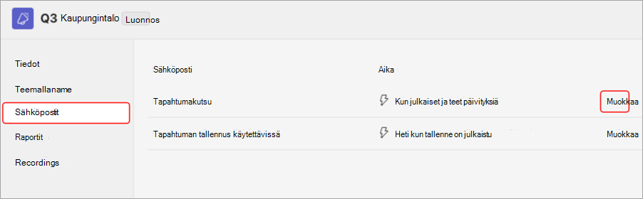 Näyttökuva, joka näyttää korostettuna käyttöliittymän osan, josta avoimen kokoontumisen sähköpostikutsuja voi esikatsella
