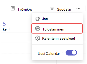 Näyttökuva, jossa näkyy korostettuna Tulosta-vaihtoehto Teams-kalenterissa.