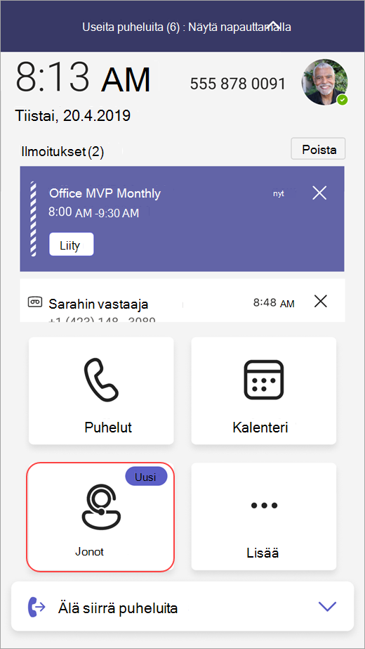 Näyttökuva, jossa näkyy aloituskohta Teams Phone -laitteen Jonot