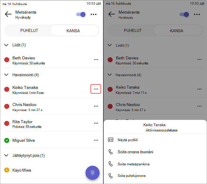 Näyttökuva Puhelut-valikosta jonot-sovelluksessa