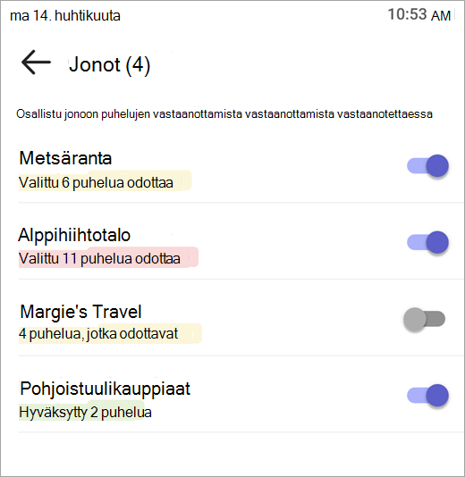 Näyttökuva, jossa näytetään, miten puhelujonot voidaan ottaa käyttöön ja poistaa käytöstä
