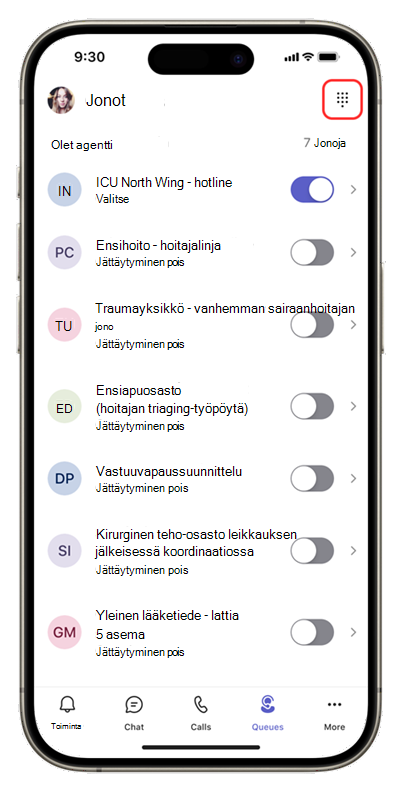 Näyttökuva mobiililaitteen Jonot-sovelluksesta, jossa näkyy valintapaneeli oikeassa yläkulmassa.