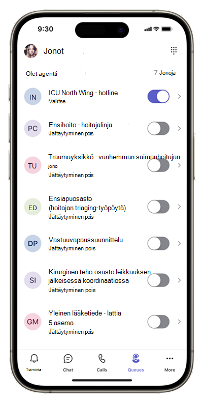 Näyttökuva mobiililaitteen Jonot-sovelluksen aloitusnäytöstä, jossa näkyy puhelujonot, joissa on valintapainikkeet kunkin jonon vieressä.