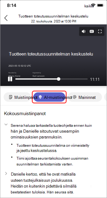 Tarkastele tekoälyn luomia muistiinpanoja Teams-kokouksen kertauksessa.