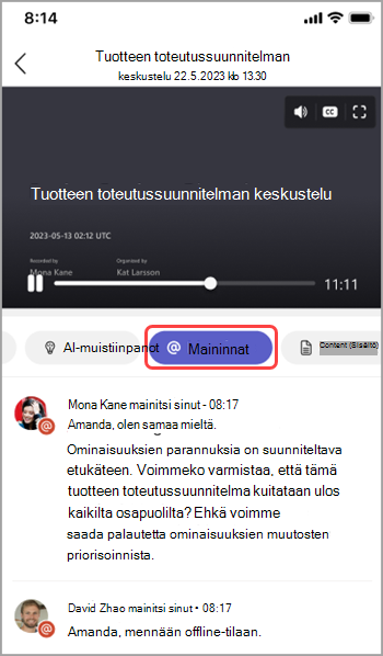 Näytä nimimaininnat Teams-kokouksen kertauksessa.