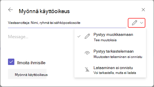 Kuva, jossa muokkauskuvake korostettuna tallenteiden käyttöoikeuksien hallintaa varten.