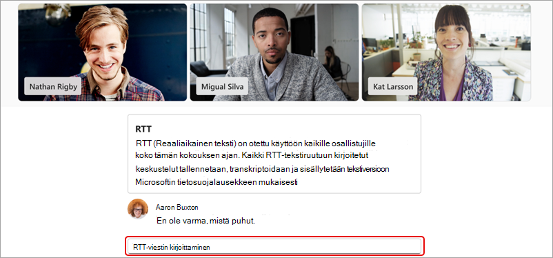 Näyttökuva, jossa näkyy korostettuna kenttä, johon RTT-viestit syötetään.