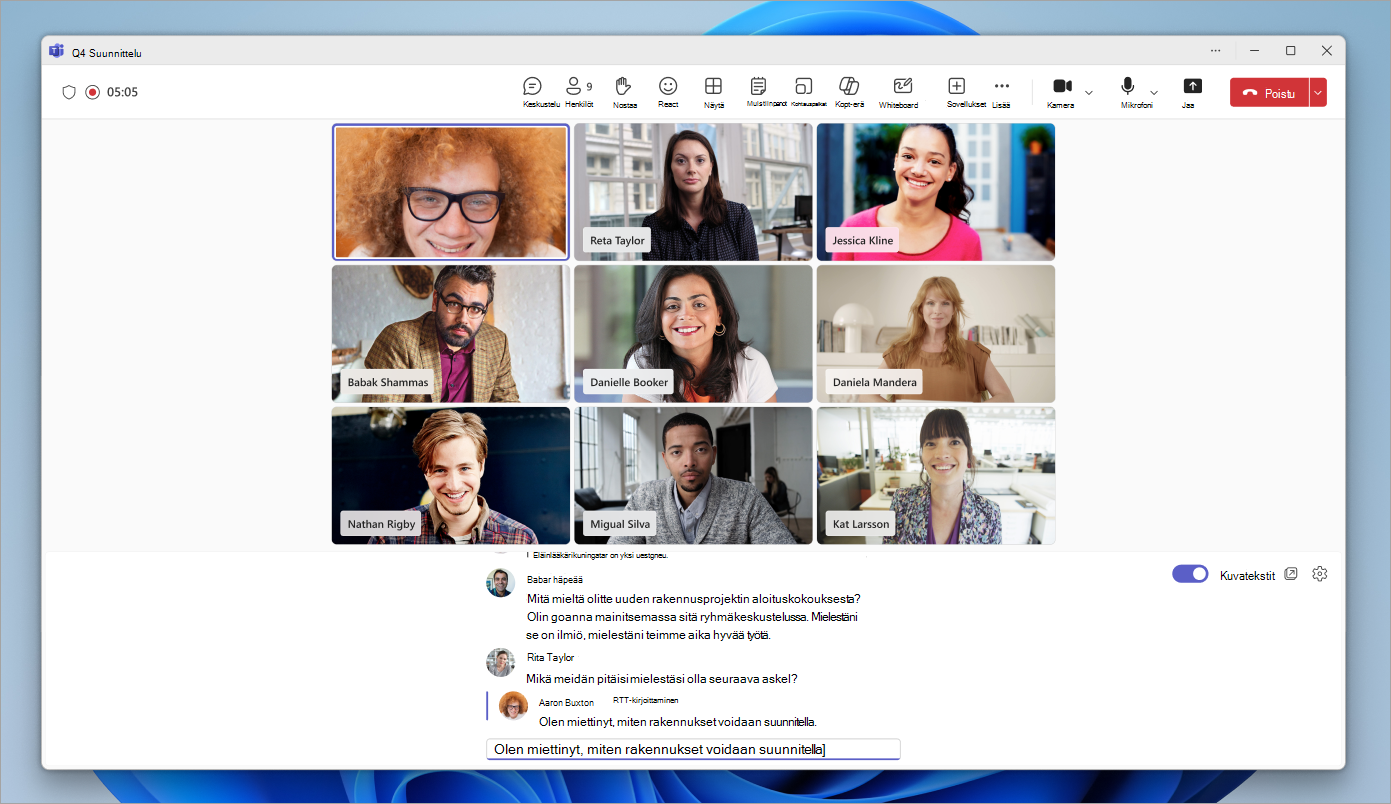 Näyttökuva, jossa näkyy RTT-kokemus Microsoft Teams -kokouksessa.