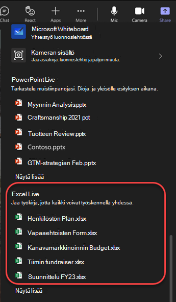 Näyttökuva jakoasetuksista, jotka korostavat Excel-tiedostoja Teams-kokouksessa.