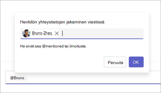 Näyttökuva, jossa näkyy yhteystieto valmiina jaettavaksi tekstiruudussa.