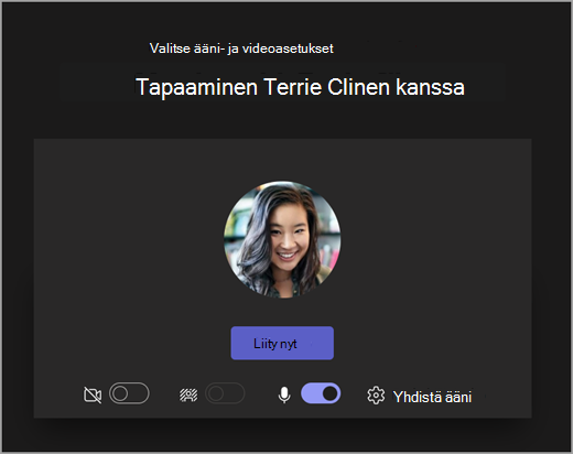 Näyttökuva avattavasta näytöstä, kun opiskelija aloittaa kokouksen Microsoft Teams for Education.